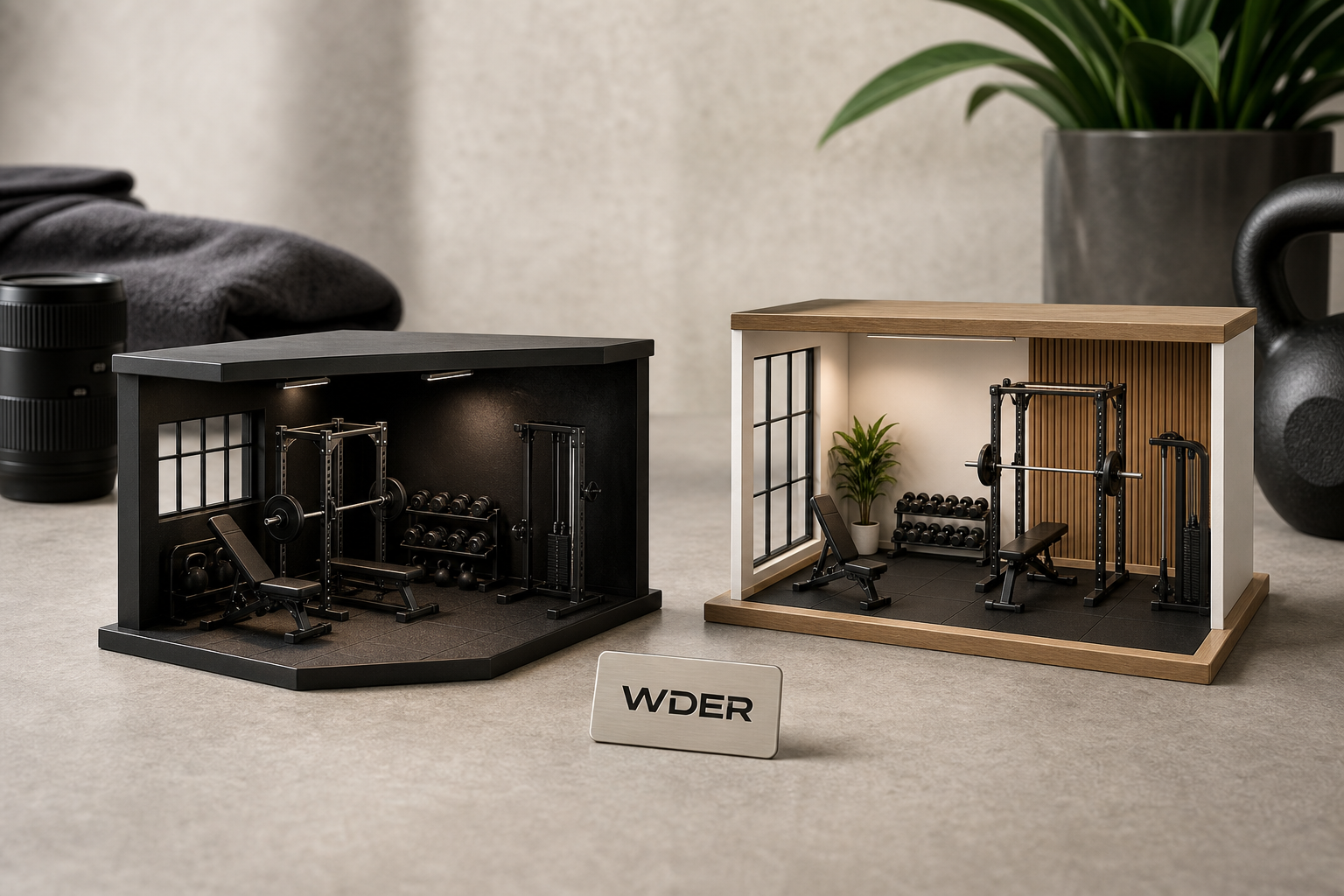 Mini gym model size guide for desks, shelves and reception counters | دليل الشراء المحلي — WDER mini gym model shown in a real display scene with one natural brand mark.