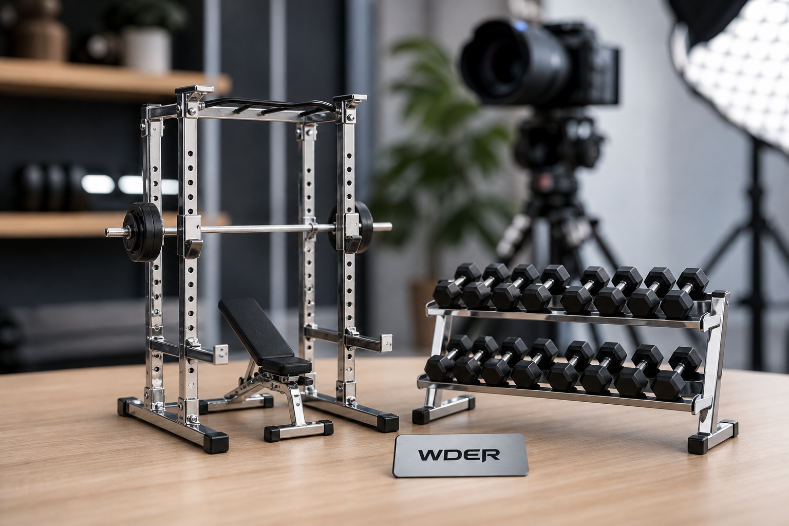 Gym opening display checklist with miniature power rack models | دليل الشراء المحلي — WDER mini gym model shown in a real display scene with one natural brand mark.