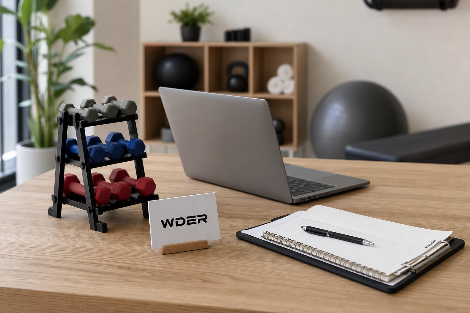Mini Power Rack Model for a Gym Reception Counter — physical WDER mini gym model in a real use scene with one natural brand mark.
