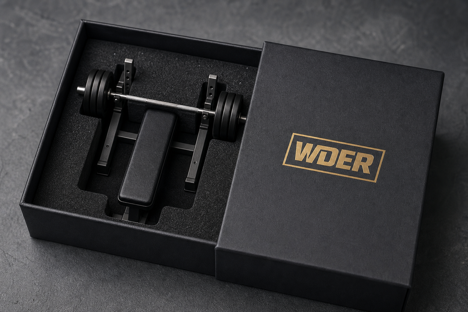 How to Photograph and Display Miniature Gym Equipment — physical WDER mini gym model in a real use scene with one natural brand mark.
