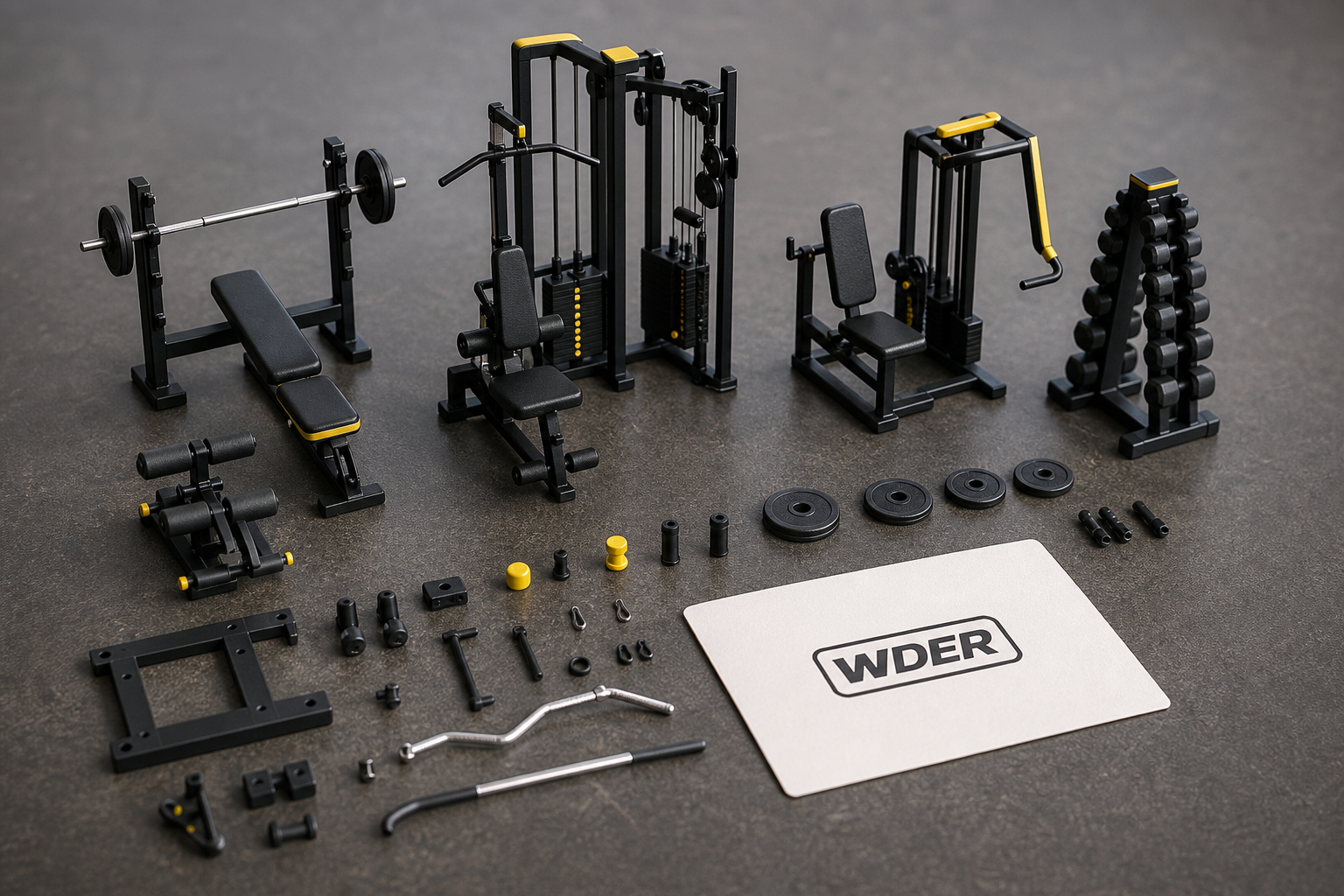 Boutique Studio Reception Model Guide — WDER mini gym model shown in a real commercial scene with one natural brand mark.