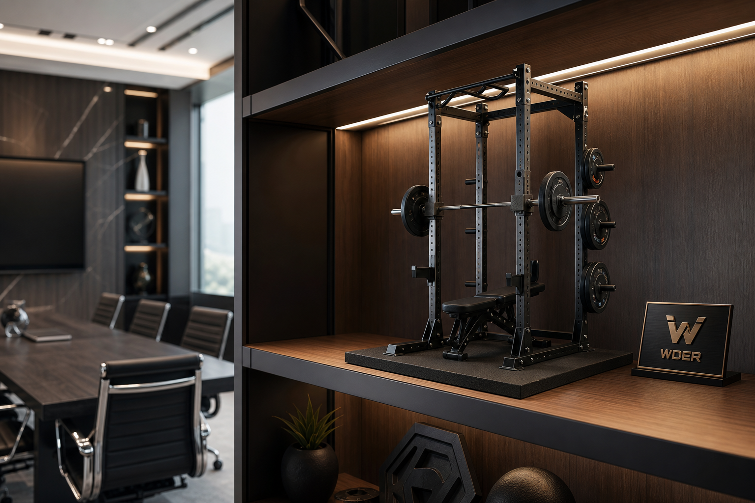 Mini Gym Models for Fitness Exhibition Buyer Meetings — WDER mini gym model shown in a real commercial scene with one natural brand mark.