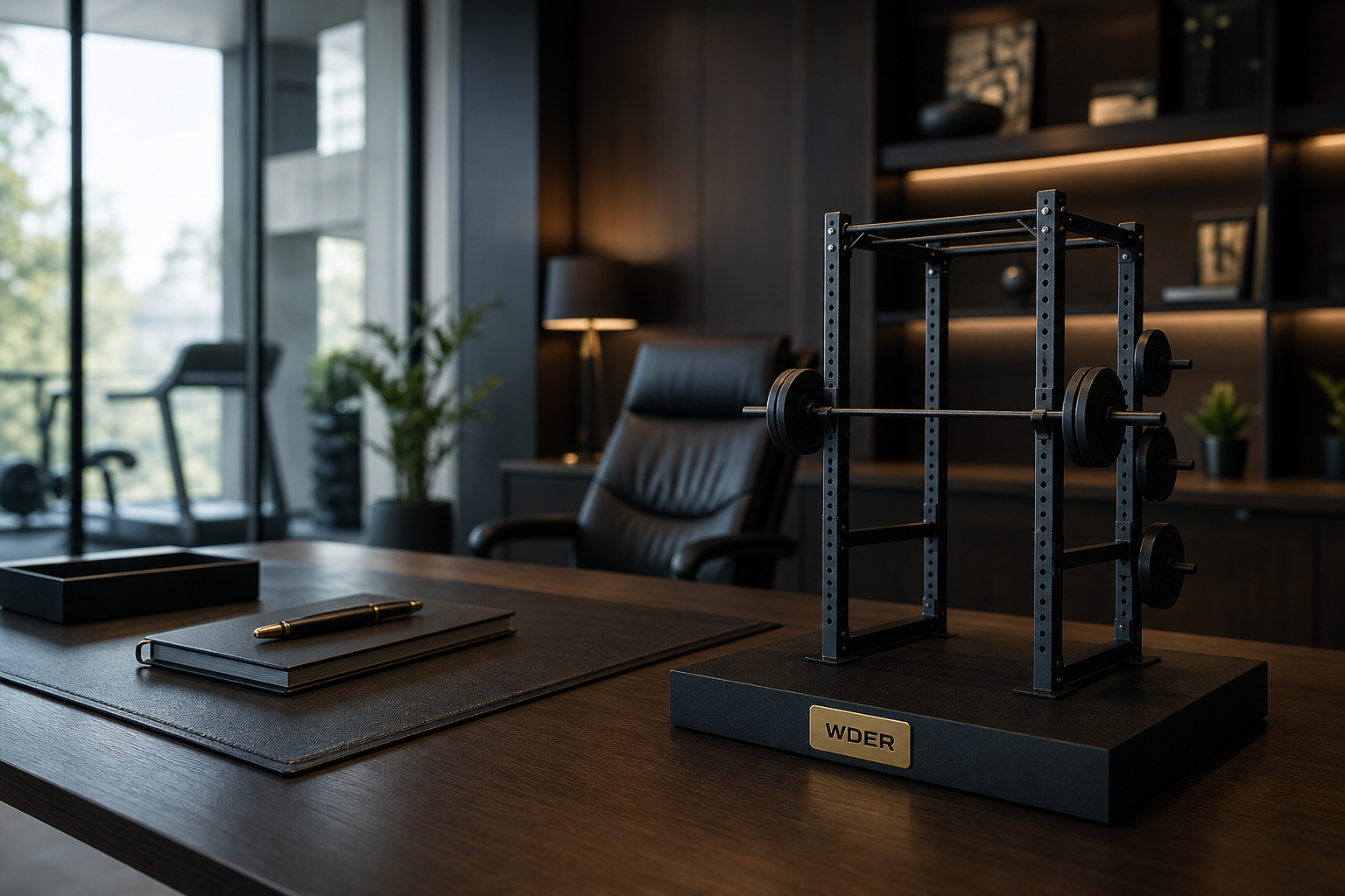 Gym Manager Welcome Gift: Mini Gym Model Options — WDER physical mini gym model in a realistic display setting with one natural brand mark.