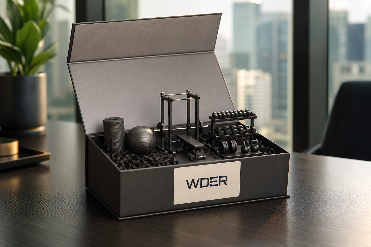 Branded Miniature Gym Equipment Sample Review Guide — WDER physical mini gym model in a realistic display setting with one natural brand mark.
