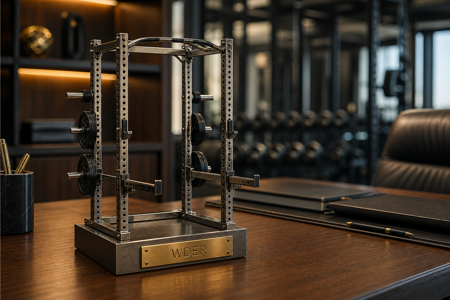 Mini Power Rack Office Award for Gym Leaders — physical WDER mini gym model in a realistic setting with one natural brand mark.