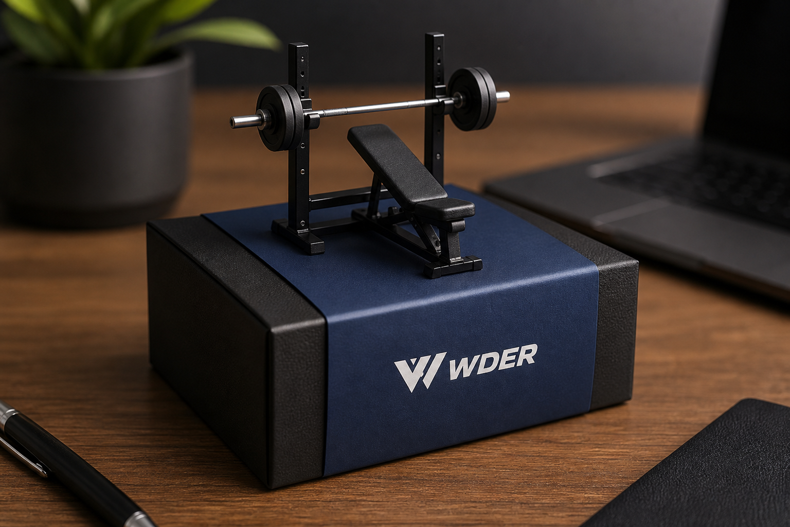 Personal Trainer Recognition Gift: Mini Gym Model — physical WDER mini gym model in a realistic setting with one natural brand mark.