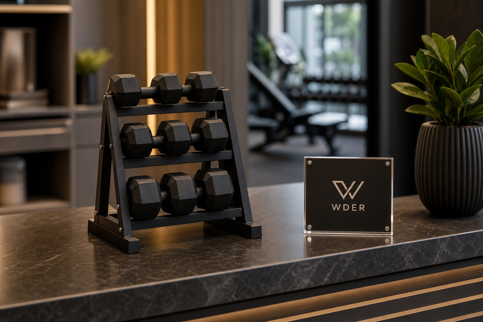 Reception Counter Mini Gym Display Planning Guide — physical WDER mini gym model in a realistic setting with one natural brand mark.