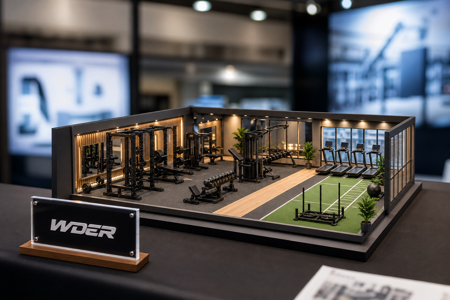 Mini Gym Models as Fitness Exhibition Conversation Pieces — physical WDER mini gym model in a realistic setting with one natural brand mark.