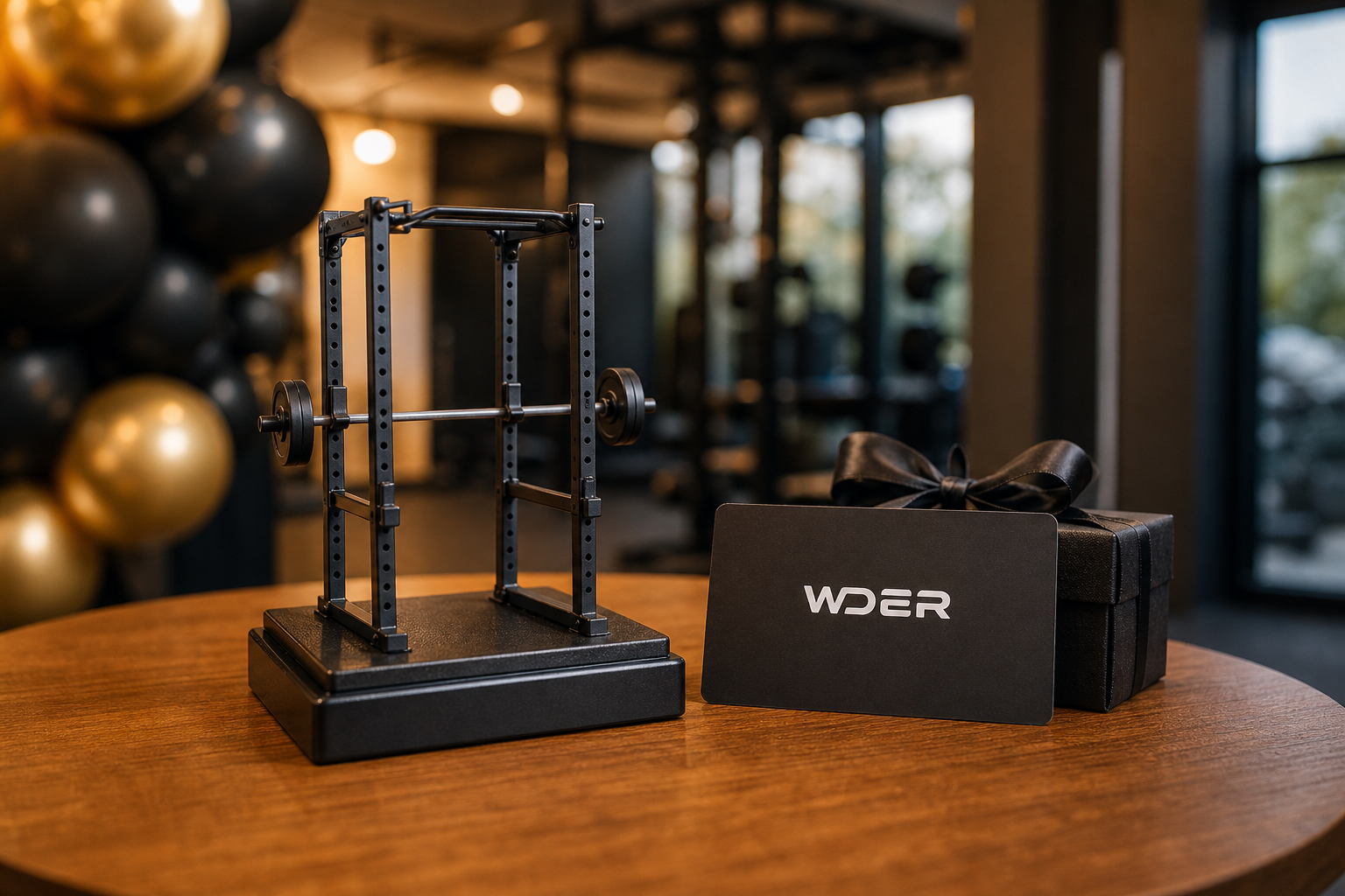 Gym Opening VIP Miniature Gift Plan — physical WDER mini gym model in a realistic setting with one natural brand mark.