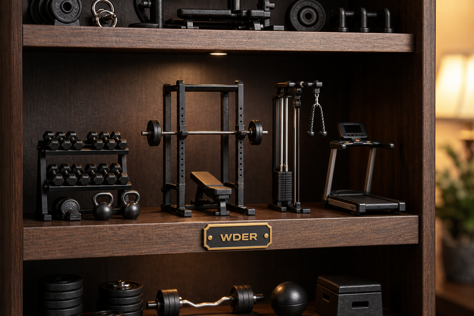 Custom Fitness Model Sample Approval Checklist — physical WDER mini gym model in a realistic setting with one natural brand mark.