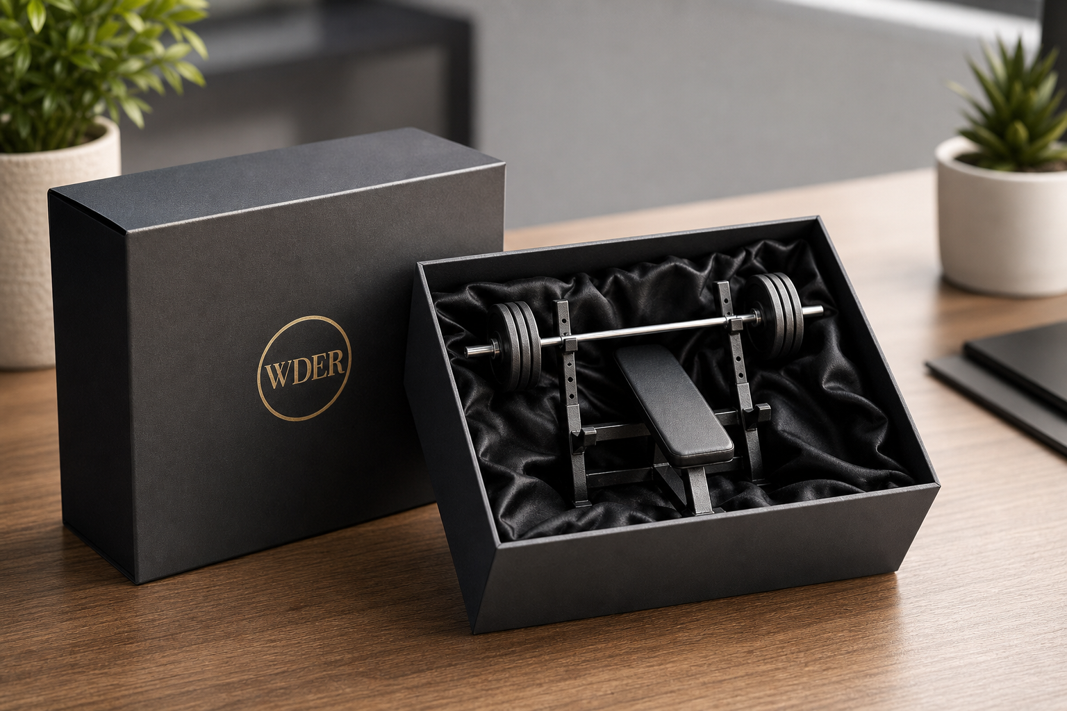 Studio Reception Mini Gym Decor Guide — physical WDER mini gym model with one natural brand mark in a realistic scene.