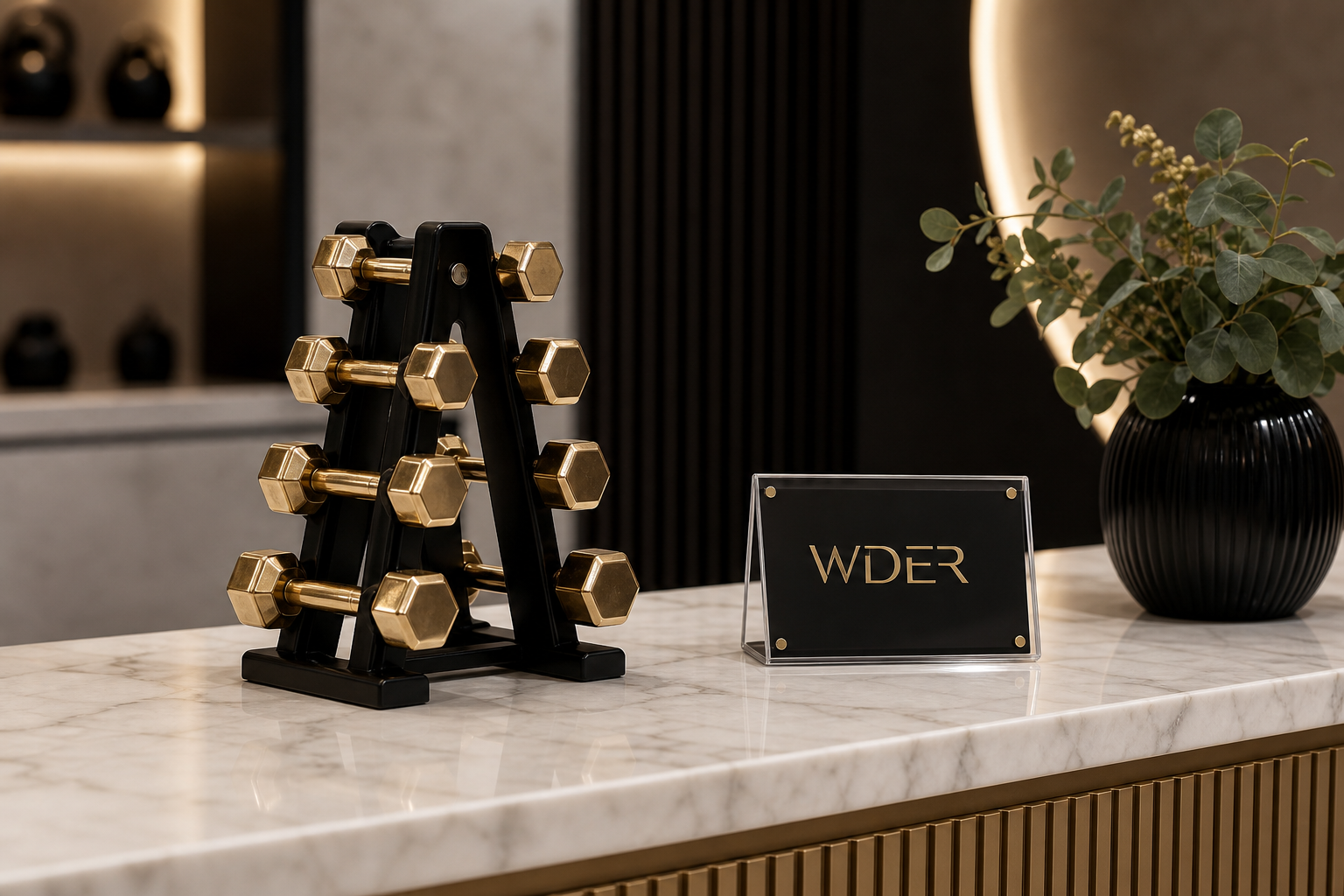 Miniature Gym Model Gift Box and Insert Card Guide — physical WDER mini gym model with one natural brand mark in a realistic scene.