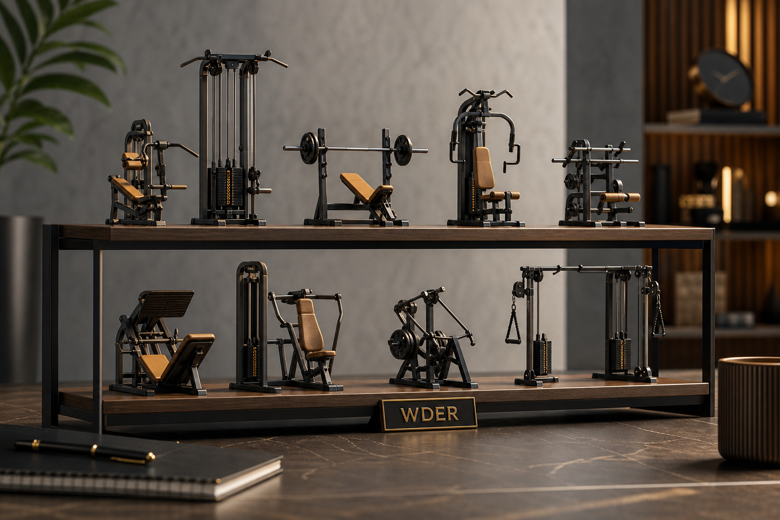 Fitness Collector Mini Gym Model Display Plan — physical WDER mini gym model with one natural brand mark in a realistic scene.