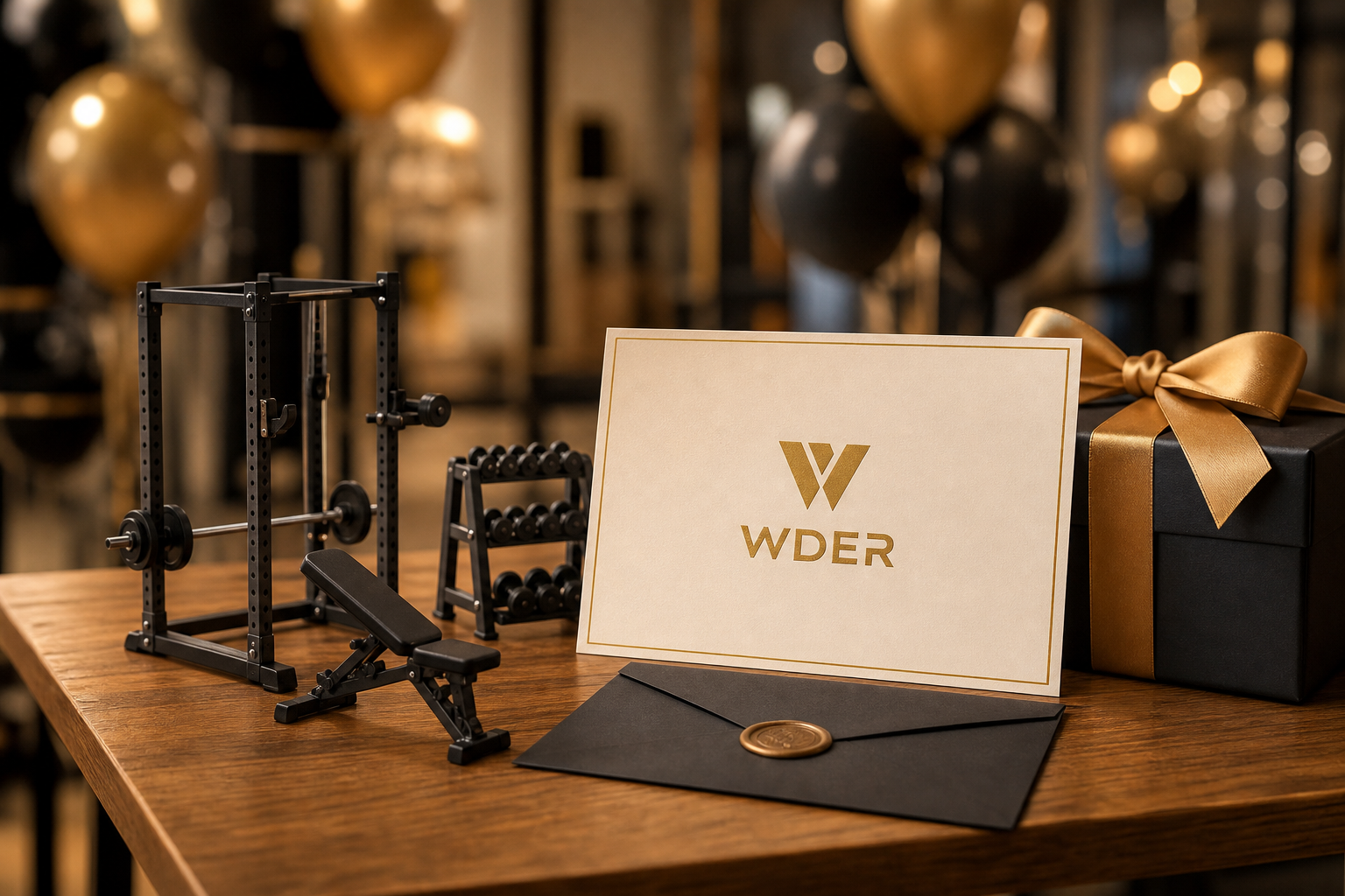 Gym Launch Mini Model VIP Table Plan — physical WDER mini gym model with one natural brand mark in a realistic scene.