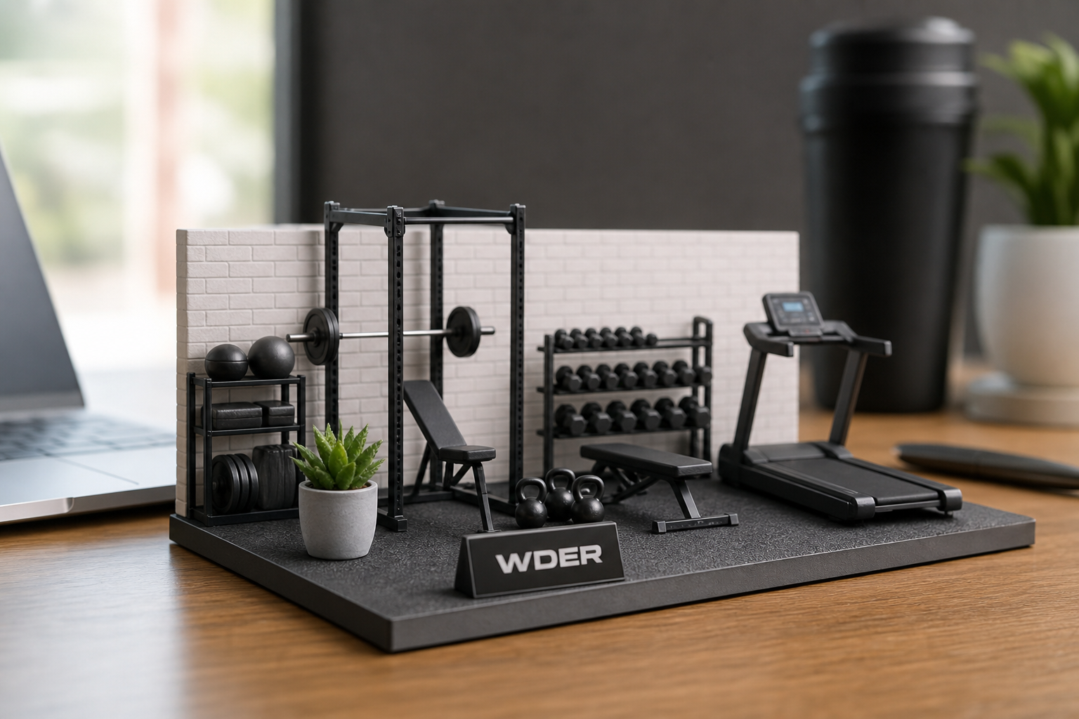Fitness Brand Miniature Exhibition Kit Guide — physical WDER mini gym model with one natural brand mark in a realistic scene.