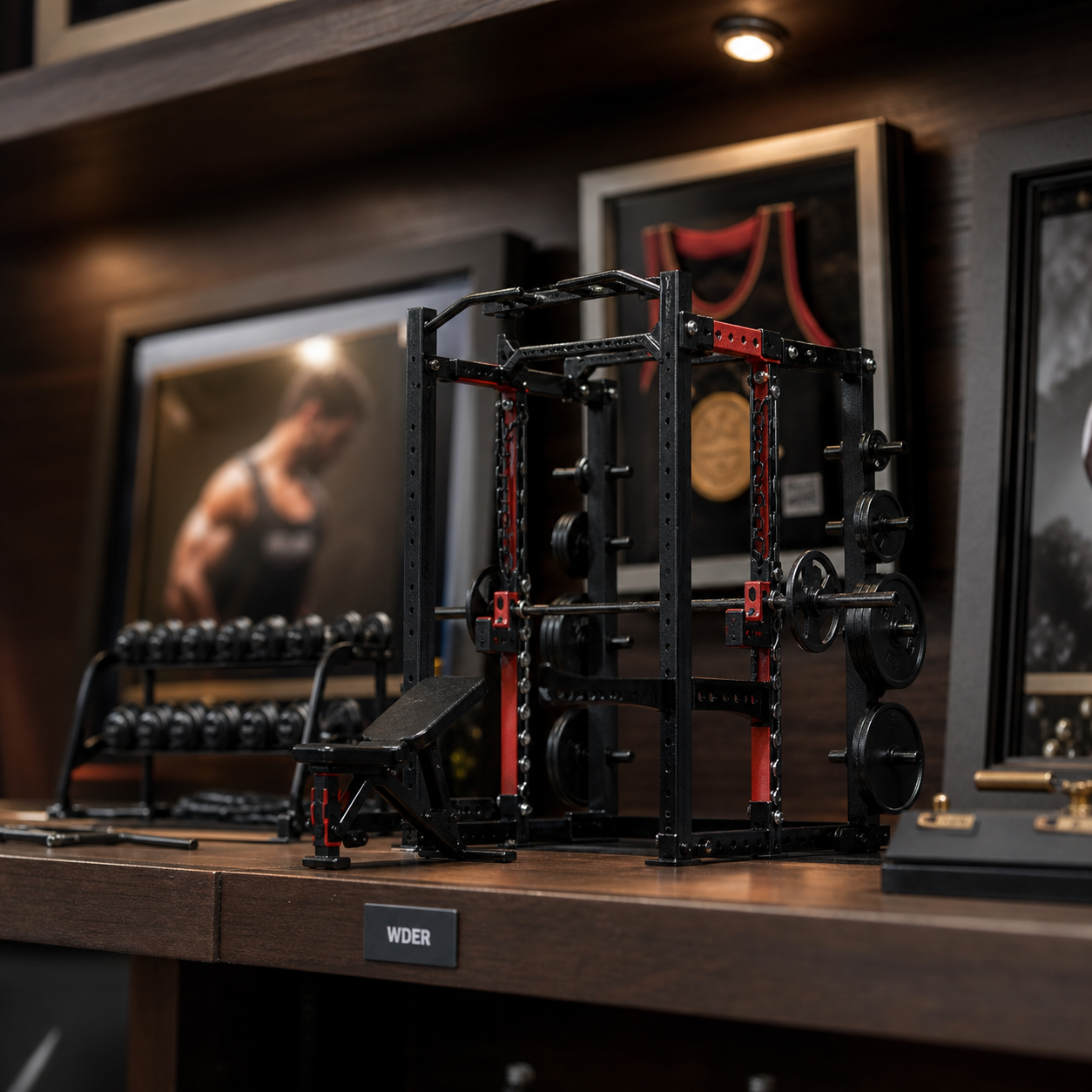 Custom Logo Artwork Guide for Mini Gym Models — physical WDER mini gym model in a realistic procurement or display scene.