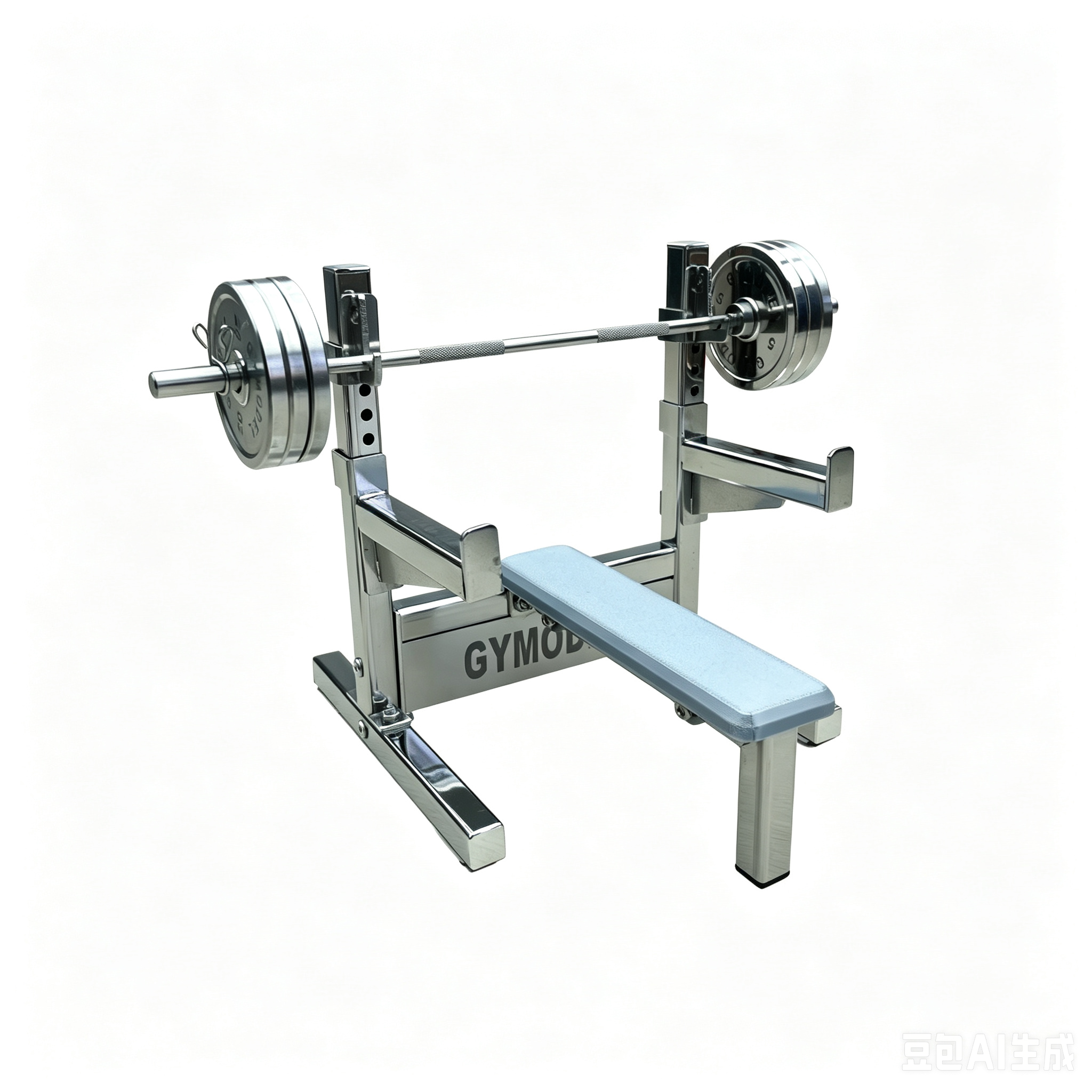 Mini bench press model with stainless steel look.
