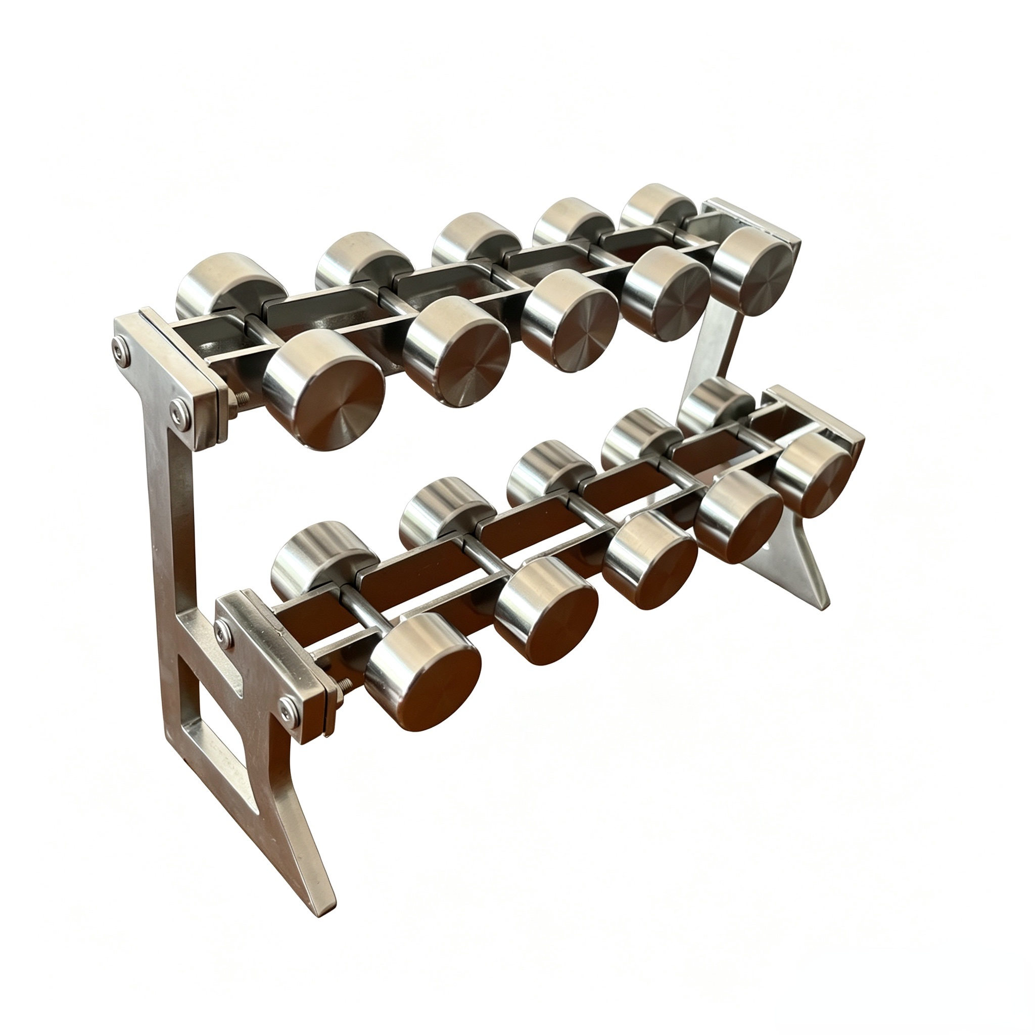 Mini dumbbell rack set with brushed stainless finish.