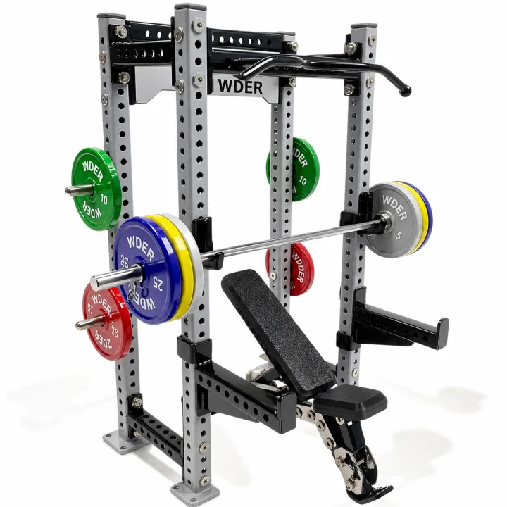 WDER gray mini squat rack model with bench, barbell, plates, neutral powder coated frame, and office desk display styling