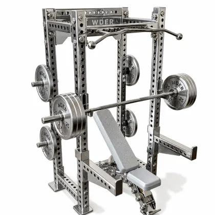 WDER Mini Power Rack Model Chrome Edition with bench, barbell, plates, polished metal frame, and realistic miniature gym equipment details