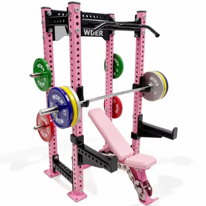 WDER Mini Power Rack Model Pink Edition with pink frame, bench, barbell, colorful plates, and gift-ready miniature gym equipment details