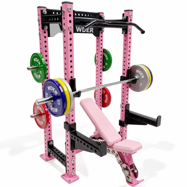 WDER Mini Power Rack Model Pink Edition with pink frame, bench, barbell, colorful plates, and gift-ready miniature gym equipment details