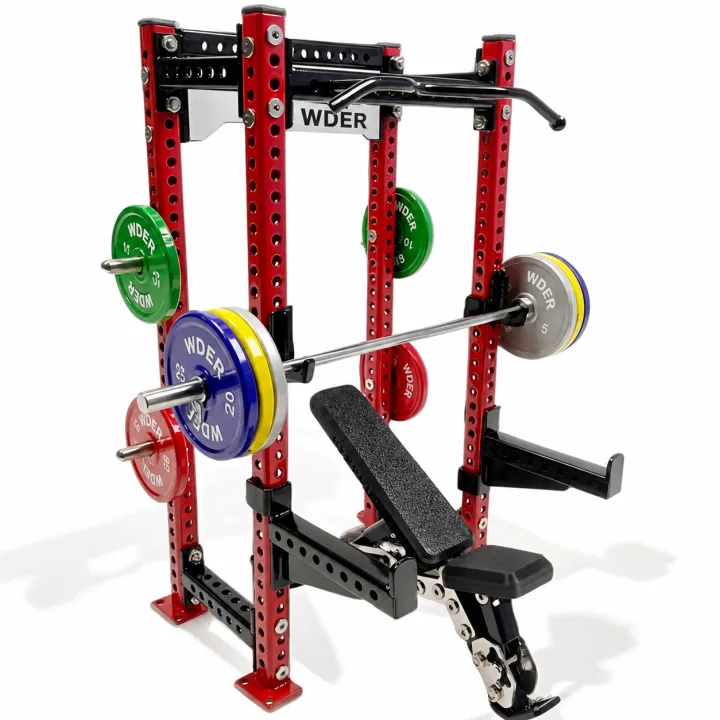 Main Product WDER Mini Power Rack Model Red Edition with red frame, bench, barbell, colorful plates, and gym opening gift display style