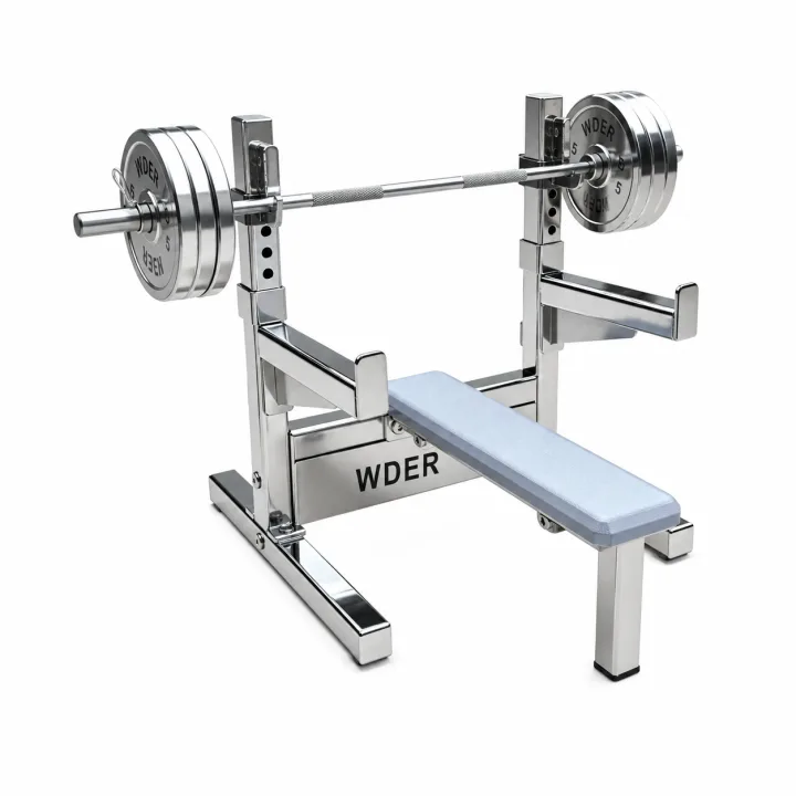 WDER mini bench press model with stainless steel frame, chrome barbell, weight plates, and compact desk display scale