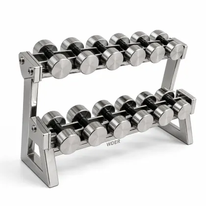 WDER mini dumbbell rack set with brushed stainless steel rack, miniature dumbbells, and premium gym desk toy display style