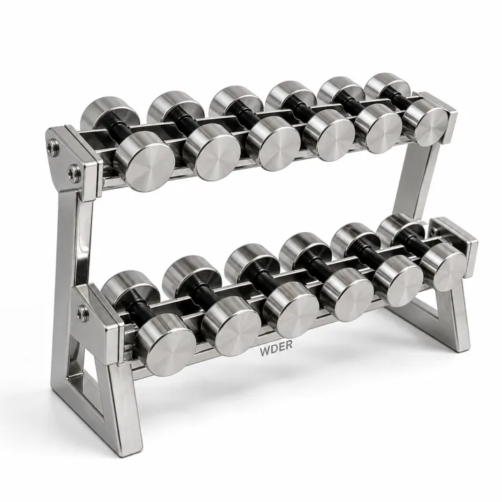 Main Product WDER mini dumbbell rack set with brushed stainless steel rack, miniature dumbbells, and premium gym desk toy display style