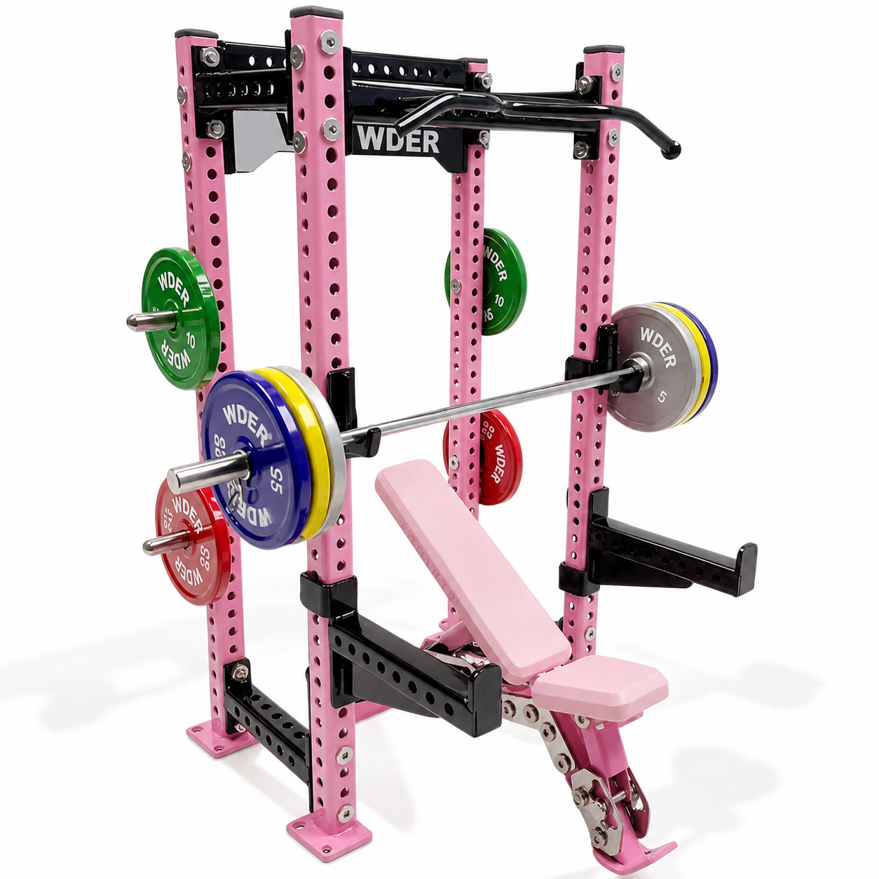 نموذج WDER Mini Power Rack وردي مع مقعد وبار وأقراص ملونة وتفاصيل مناسبة للهدايا