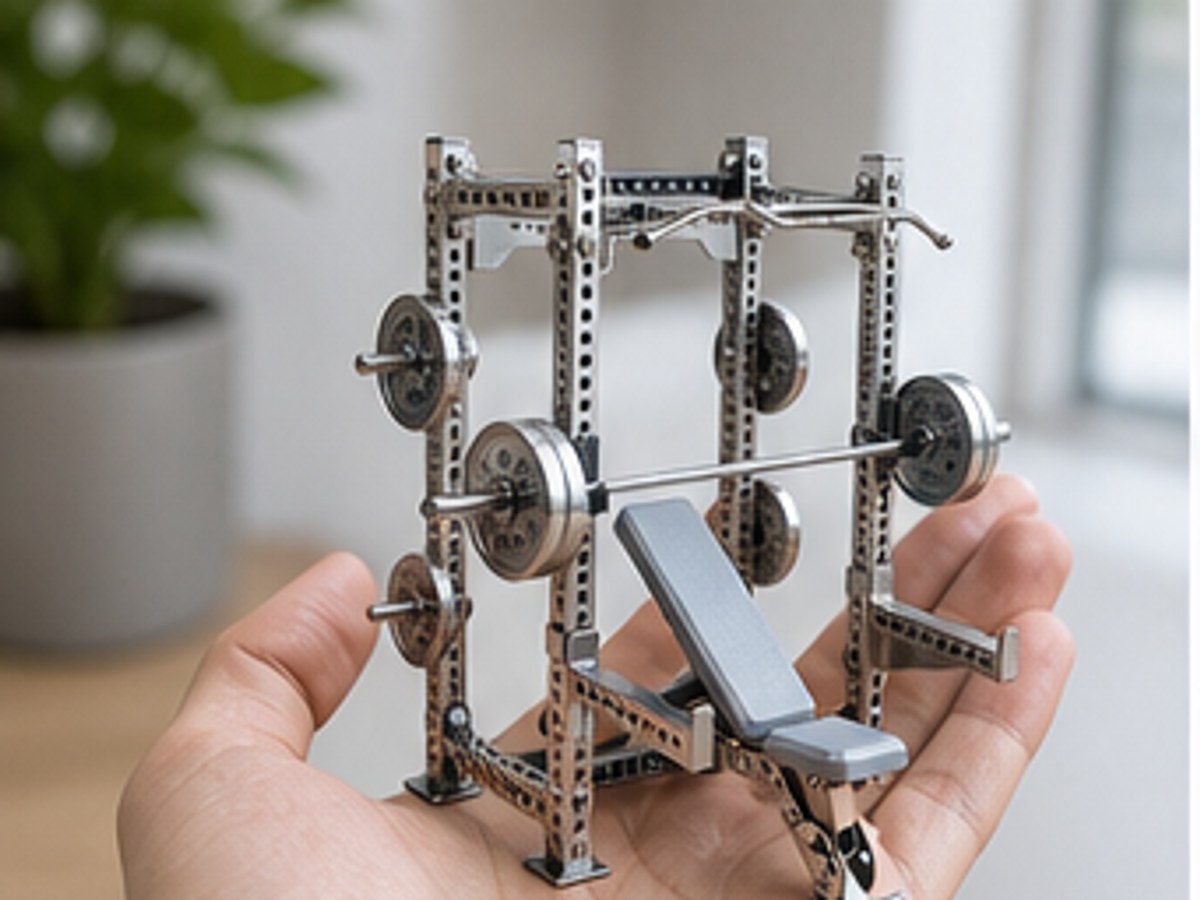 Hand holding WDER chrome mini power rack model showing miniature scale and stainless steel details