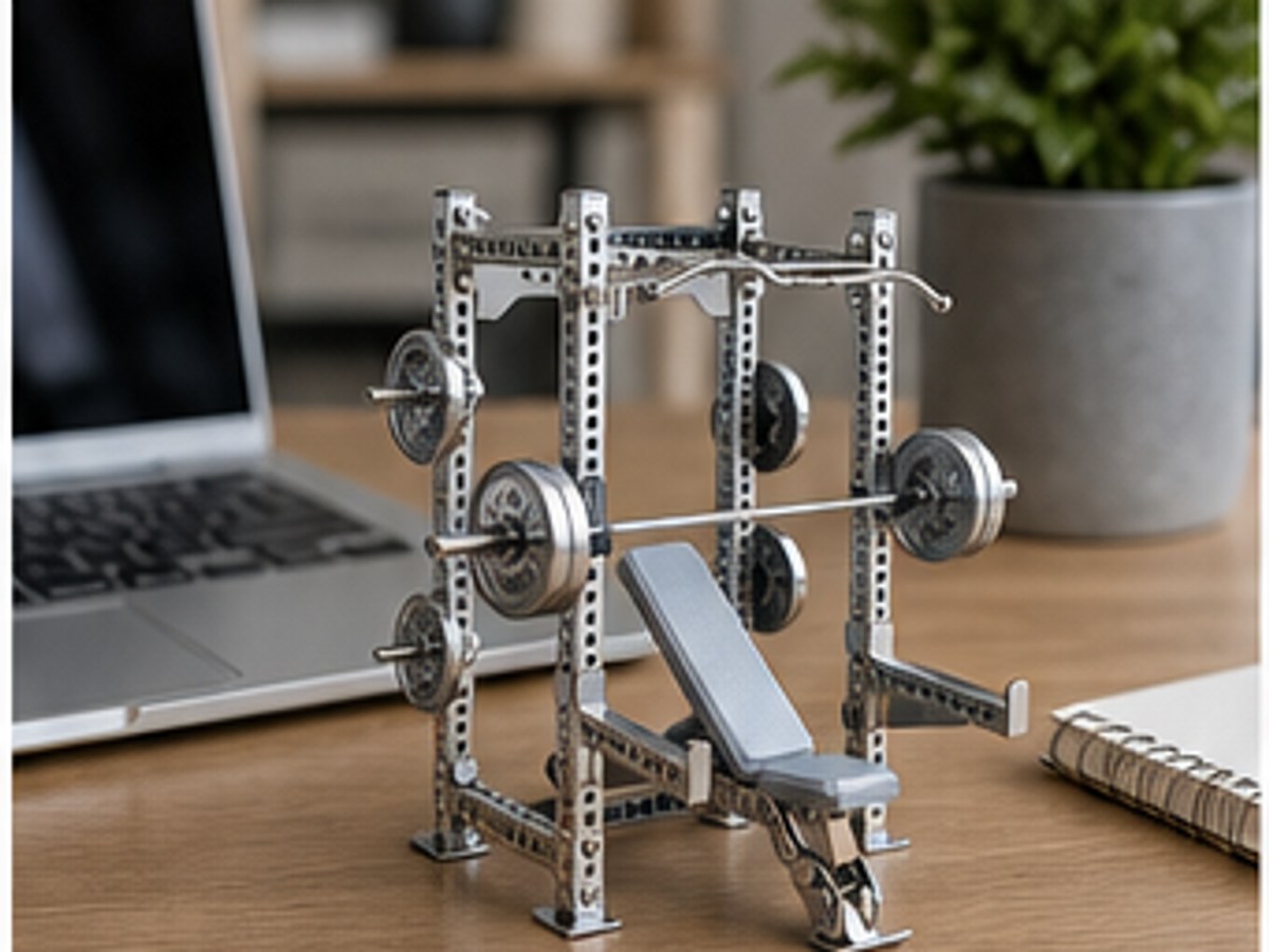 Chrome mini rack model used on a desk near gym-related items.