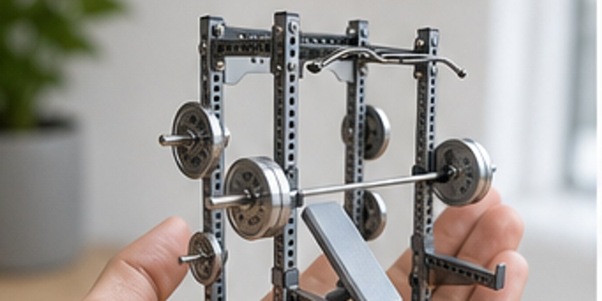 Hand holding the gray WDER mini squat rack model to show miniature scale