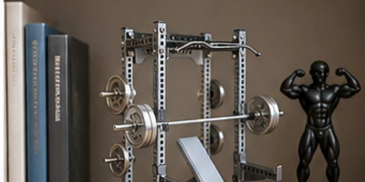 Gray mini squat rack model styled as home gym decor on a shelf