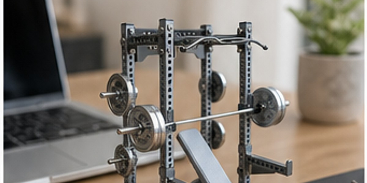 Gray mini squat rack model used as home gym and office desk decor