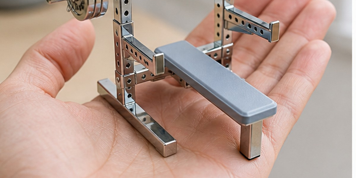 Hand holding the WDER mini bench press model to show miniature scale