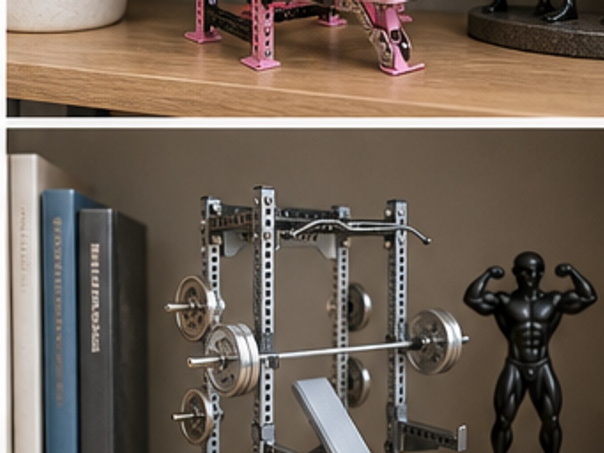 Gray mini squat rack model displayed as home gym shelf decor