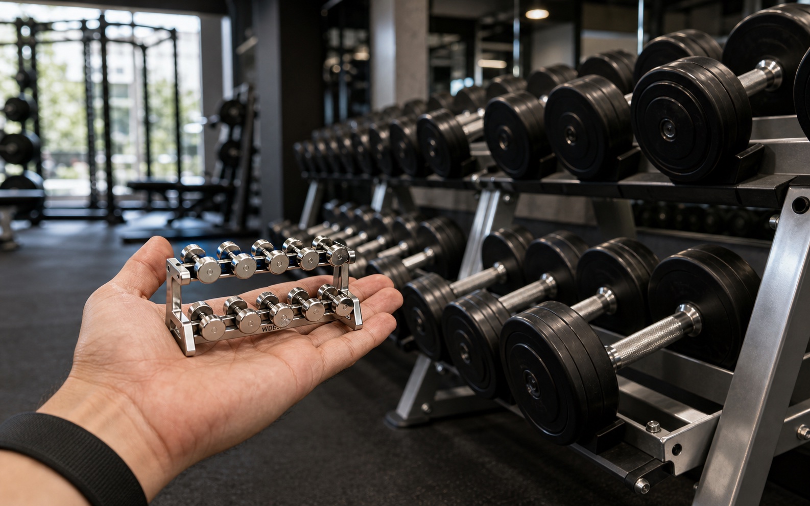 WDER mini dumbbell rack held in a gym beside real dumbbells for scale comparison