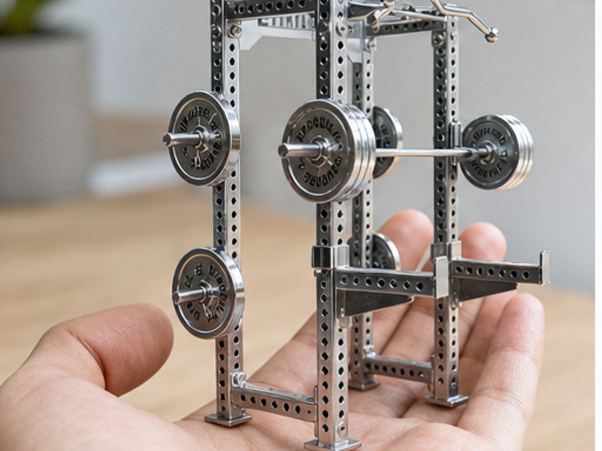 Hand-held scale photo showing real miniature gym model size.