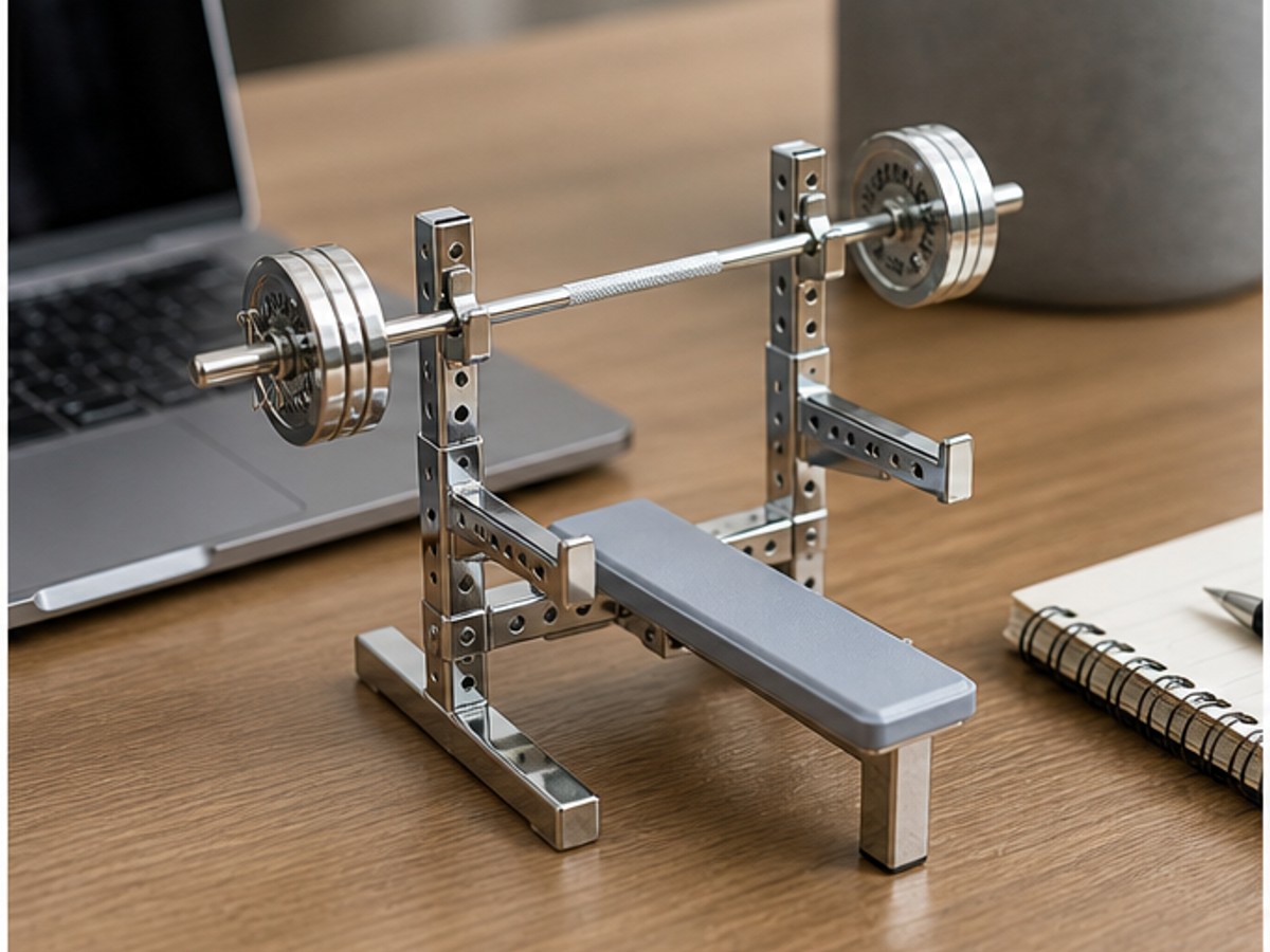 WDER mini bench press model displayed on an office desk with stainless steel finish