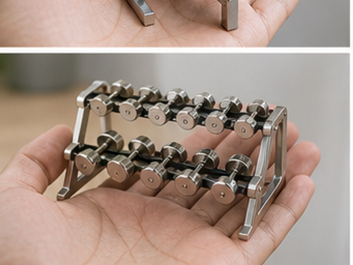 Hand-held WDER mini dumbbell rack set showing compact stainless steel scale