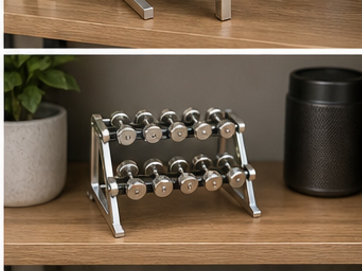 Mini dumbbell rack set used as compact home gym shelf decor.