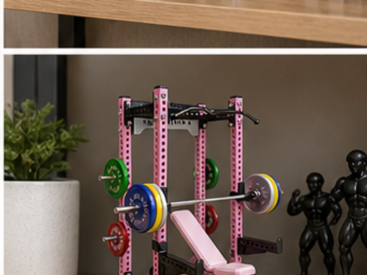 Pink mini power rack model for color-led home gym decor.