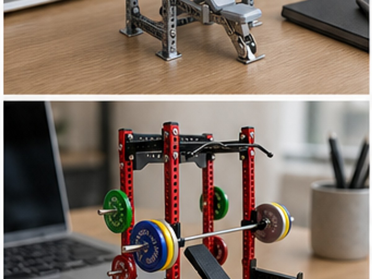 WDER red mini power rack model displayed on a desk with colorful plates and metal details