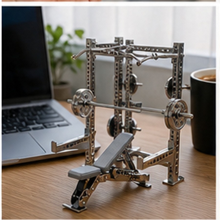 Mini power rack model used as a fitness exhibition display on a brand table